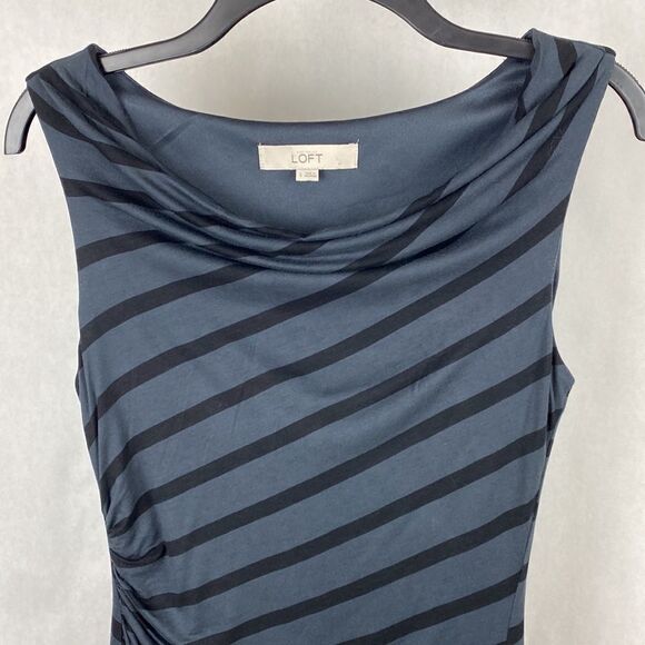Loft Sheath Dress Sleeveless Black Gray Stripe Small Drape Neck Gathered Side - Picture 2 of 11